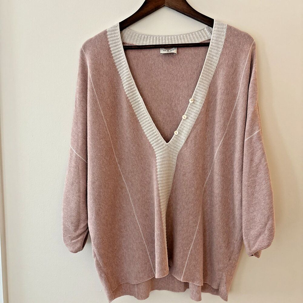 Wrap London Organic Cotton PInk & Cream Low V-neck Sweater Dolman Sleeves 12